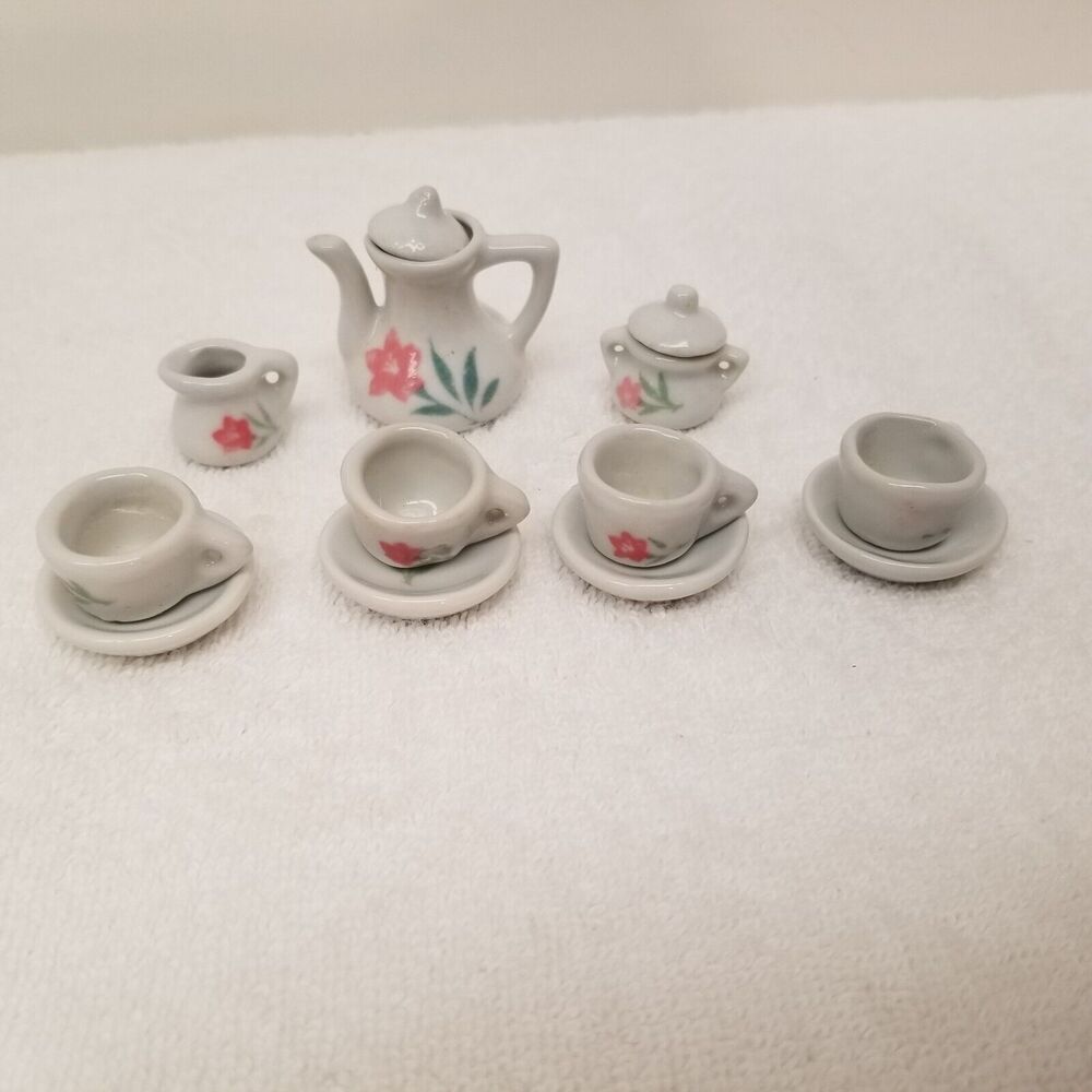 Mini Porcelain Tea Set - Ceramic Pretend Play Set 13 Pieces Floral doll teaset